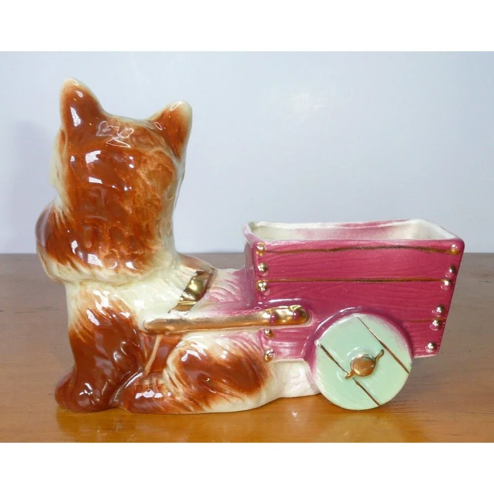 VTG MCM Scottie Terrier Dog Planter Vintage Royal Copley Wagon Cart Gold Trim